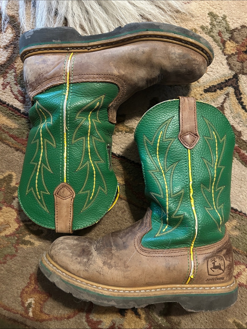 John Deere Green & Brown Leather Western Boots 7.5 women’s youth 6 - Picture 2 of 10